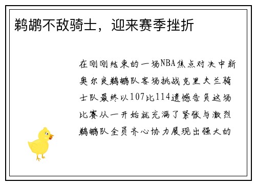 鹈鹕不敌骑士，迎来赛季挫折
